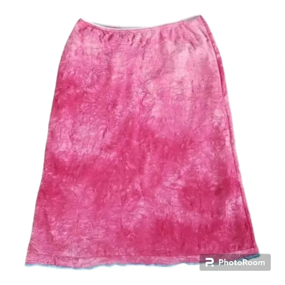 🇨🇦 Y2K Pink Tie Dye with Blue Lettuce Hem Midi Skirt Size Small Fairy